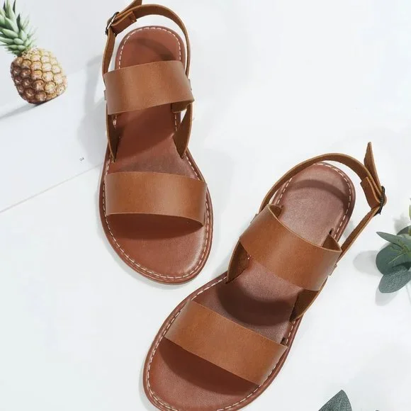 Brown Boho Women Twin Strap Artificial Leather Open Toe Ankle Strap Sandals